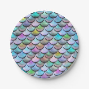 Shiny glossy pearlescent colourful mermaid scales paper plate
