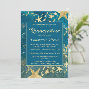 Shiny Gold and Blue Quinceanera Invitation