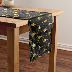 Shiny Gold Art Deco Pattern On Black Background Short Table Runner