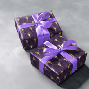 Shiny Gold Art Deco Pattern On Deep Purple Wrapping Paper
