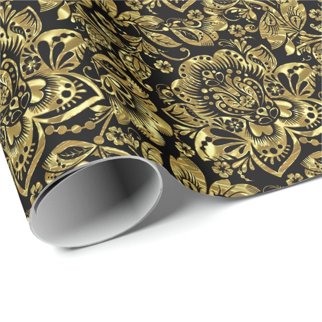 Shiny Gold Baroque Floral Damasks On White Wrapping Paper (Roll Corner)