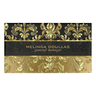 Shiny Gold & Black Floral Damasks Pattern GR2 Name Tag