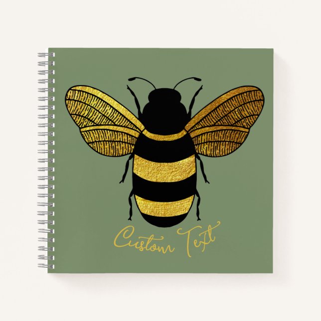 SHINY GOLD BLACK STRIPED BUMBLEBEE SAGE GREEN BEE NOTEBOOK (Front)