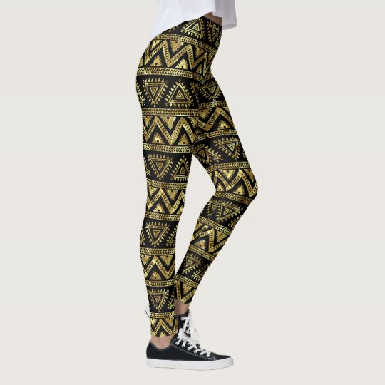 Shiny Gold & Black Tribal Geometric Pattern Leggings