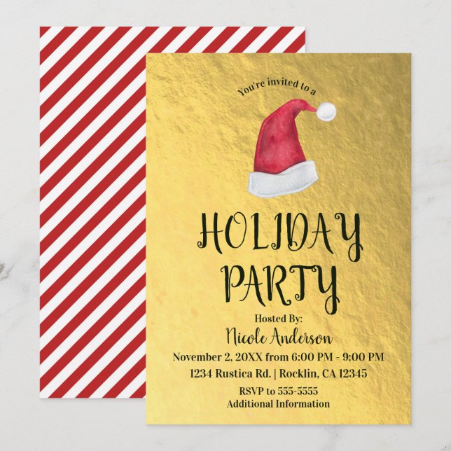 Shiny Gold Christmas Holiday Party Red Santa Hat Invitation (Front/Back)