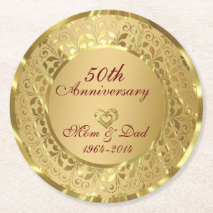 Shiny Gold Damask 50th Wedding Anniversary Round Paper Coaster