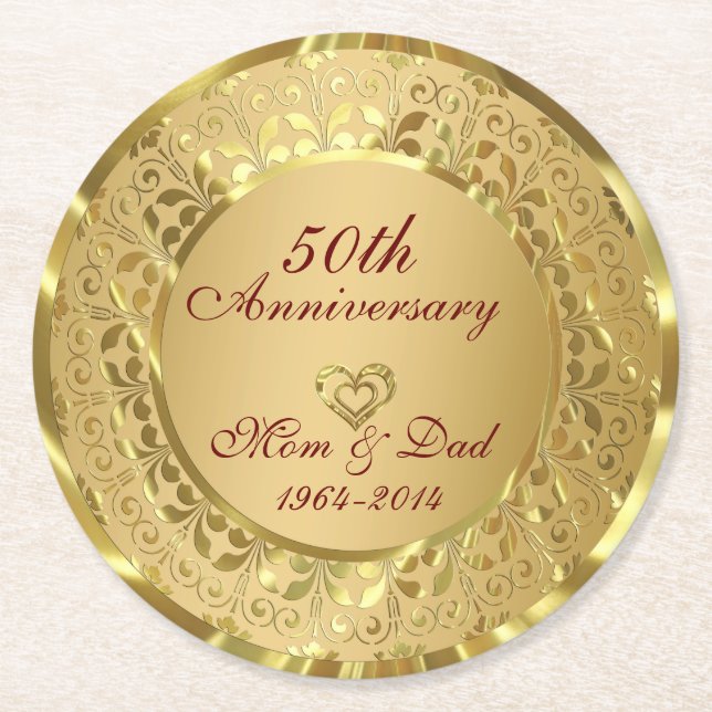 Shiny Gold Damask 50th Wedding Anniversary Round Paper Coaster (Front)