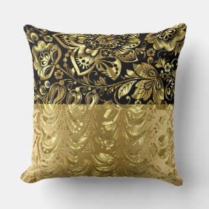 Shiny Gold Damasks Black Accent Throw Pillow