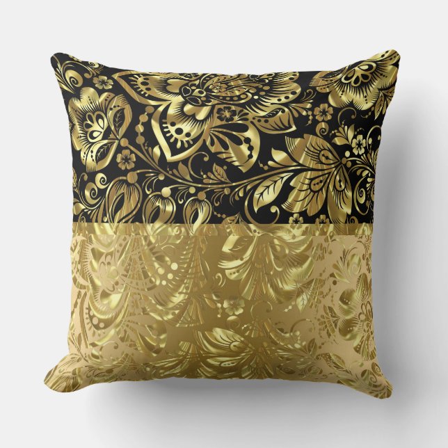 Shiny Gold Damasks Black Accent Throw Pillow (Front)