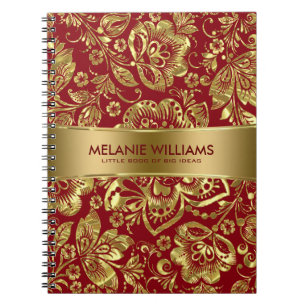 Shiny Gold Damasks Burgundy Background Notebook