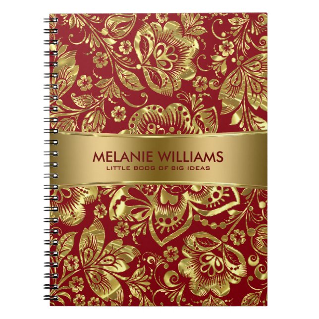 Shiny Gold Damasks Burgundy Background Notebook (Front)