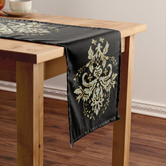 Shiny Gold & Diamonds Glitter Floral Ornament Long Table Runner (In Situ)