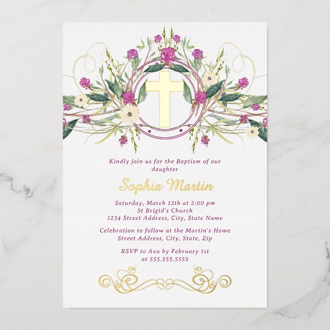 Shiny Gold Floral Cross Baptism (Front)