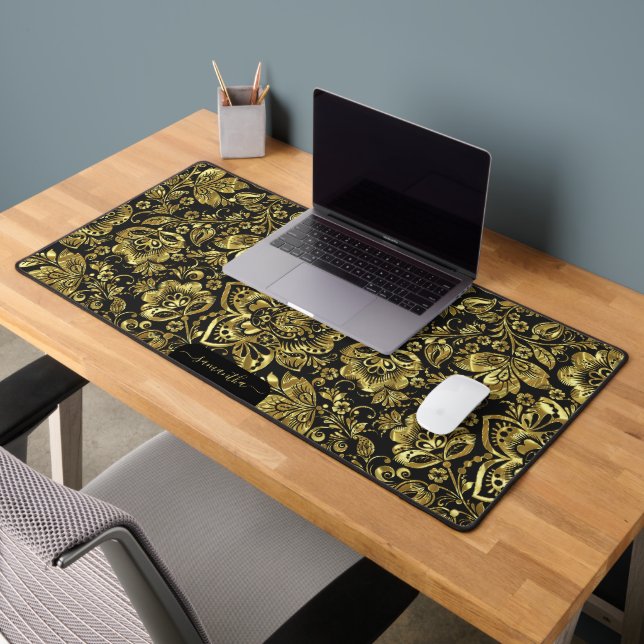 Shiny gold floral damasks on black custom monogram desk mat (Office 2)