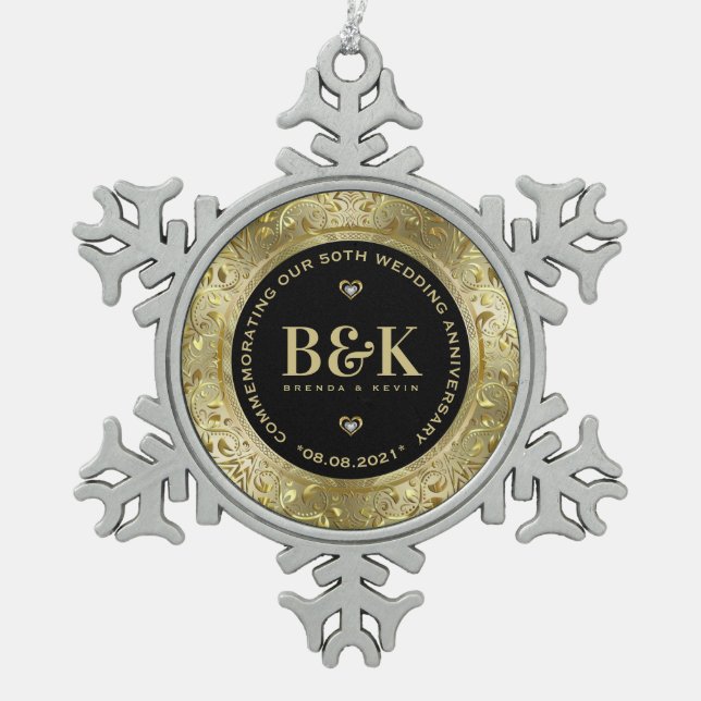 Shiny Gold Floral Frame 5oth Wedding Anniversary Snowflake Pewter Christmas Ornament (Front)
