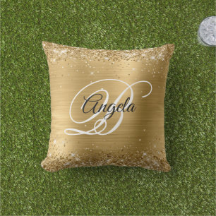 Shiny Gold Glitter Foil Fancy Monogram Outdoor Pillow