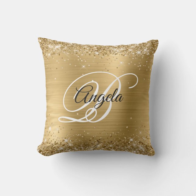 Shiny Gold Glitter Foil Fancy Monogram Outdoor Pillow (Front)