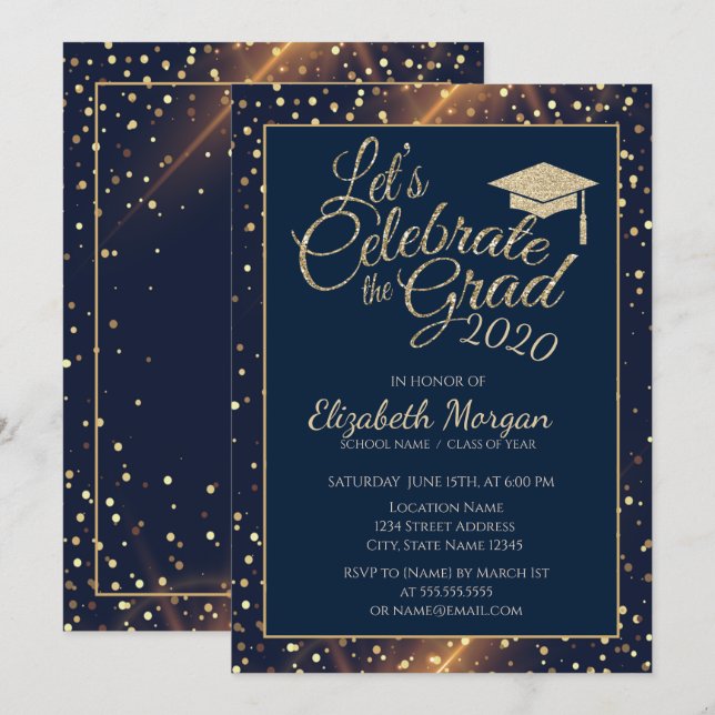 Shiny Gold Glitter Graduation Cap, Dots,Navy Blue Invitation (Front/Back)