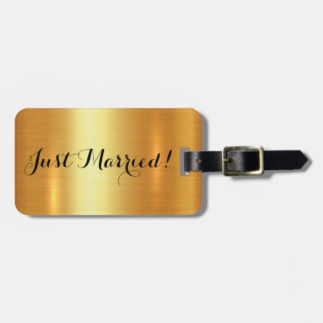 Shiny gold Just Married honeymoon luggage tag (Front Horizontal)