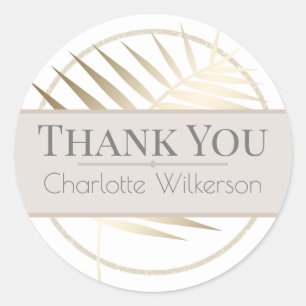 Shiny Gold Palm Leaf on White with Glitter Classic Round Sticker