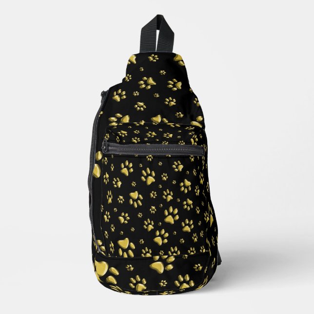 Shiny Gold Paws black Background Print Pattern Sling Bag (Front)