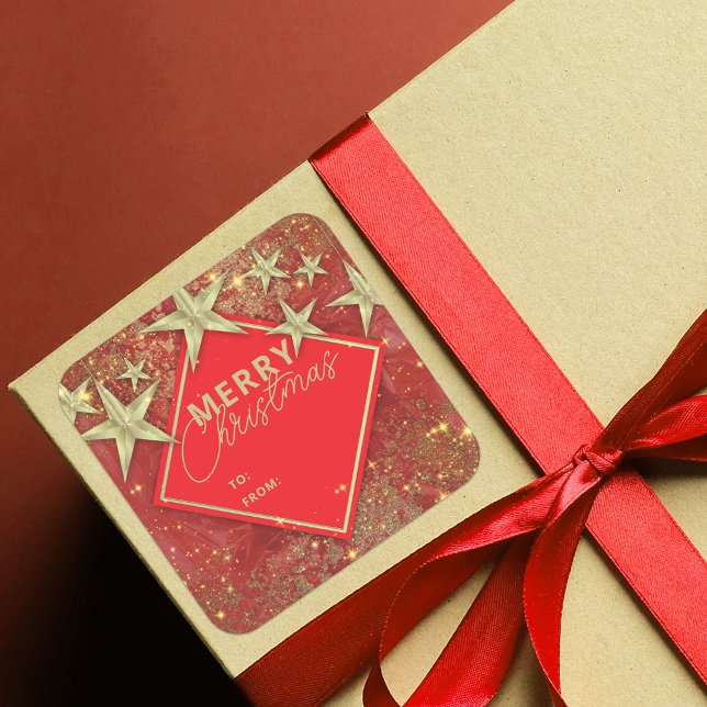 Shiny Gold Stars and Lights Red Glitter Christmas Square Sticker (Creator Uploaded)