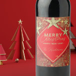 Shiny Gold Stars and Lights Red Glitter Christmas Wine Label<br><div class="desc">Add a touch of elegance to your holiday celebrations with our customizable Christmas wine bottle label. This festive label, set against a radiant red backdrop, is adorned with golden stars of various sizes, adding a festive sparkle to your Christmas gifts. The label features the heartwarming message, "Merry Christmas - Happy...</div>