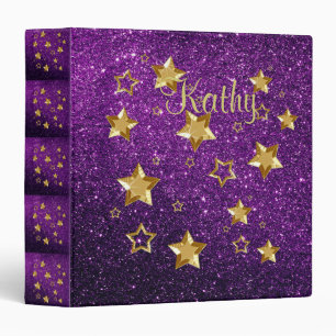 Shiny Gold Stars Purple Glitter Custom Binder