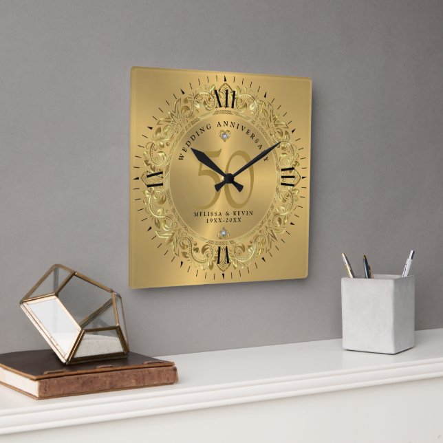 Shiny Gold Swirls Circle Frame 50th wedding Square Wall Clock (Office)