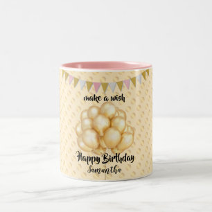 Shiny Golden Balloons & Dots, Make a Wish Birthday Two-Tone Coffee Mug
