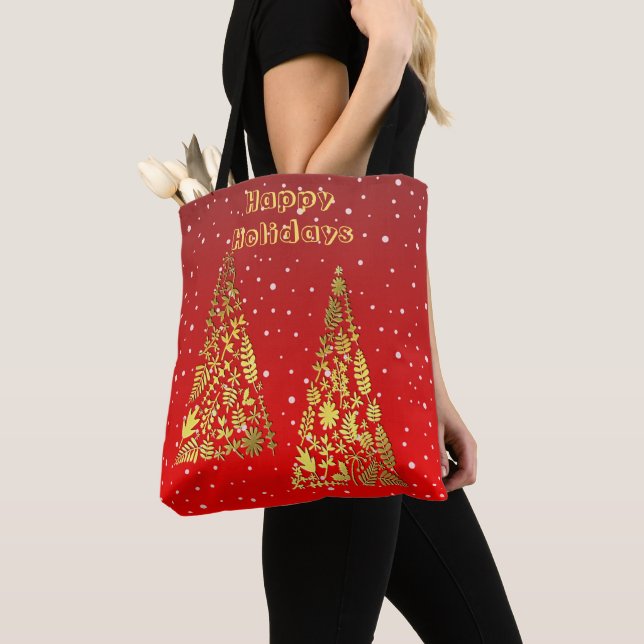 Shiny Golden Christmas Trees Holiday Tote Bag (Close Up)