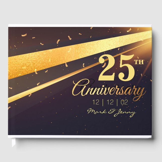 Shiny Golden confetti glitters 25th anniversary Guest Book (Front)