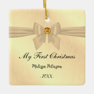 Shiny Golden Foil Gold Bow First Christmas Photo  Ceramic Ornament