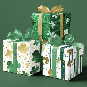Shiny Green and Gold Shamrock Festive  set of 3 Wrapping Paper Sheet