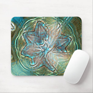 Shiny green & blue flower on pixel drizzle texture mouse pad