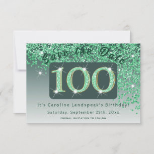 Shiny Green Glitter for 100th Birthday Save The Date