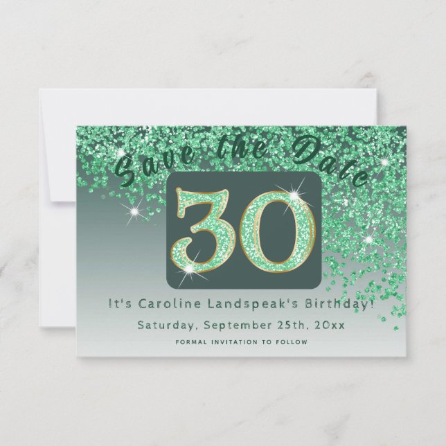Shiny Green Glitter for 30th Birthday  Save The Date (Front)
