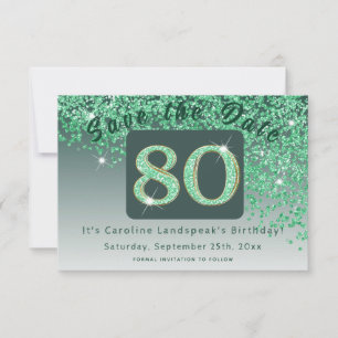 Shiny Green Glitter for 80th Birthday Save The Date