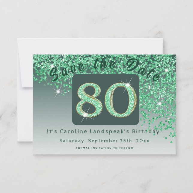 Shiny Green Glitter for 80th Birthday  Save The Date (Front)