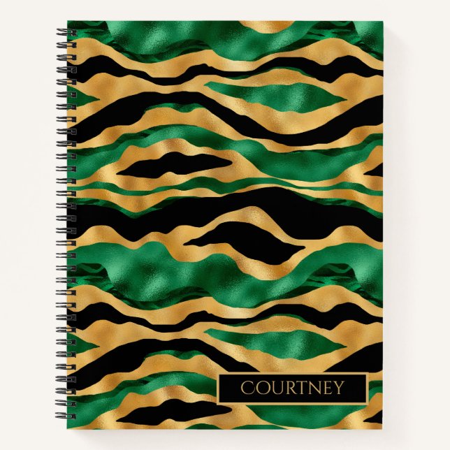 Shiny Green Gold and Black Tiger Stripe Monogram Notebook (Front)