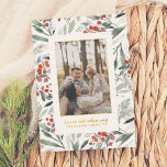 Shiny Heaven & Nature Sing Christmas Photo Foil Holiday Card<br><div class="desc">Add some shine to your Christmas cards with real gold, silver, or rose gold foil! This classic and timeless metallic style is sure to add another level to your cards. An elegant and minimalist design, with a backdrop of hand-painted holly, watercolor berries, pine, and lush botanical greenery, creates a classic...</div>