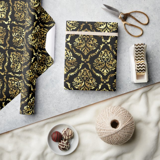 Shiny Looking Gold Floral Damask On Black Wrapping Paper (Crafts)