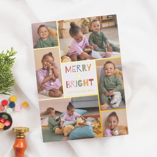 Shiny Merry & Bright 6 Photo Collage Christmas Foil Holiday Card (Creator Uploaded)
