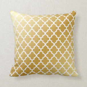 Shiny Metallic Gold Quatrefoil Moroccan Pattern Throw Pillow