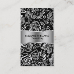 Shiny Metallic Silver Baroque Floral Damasks Business Card