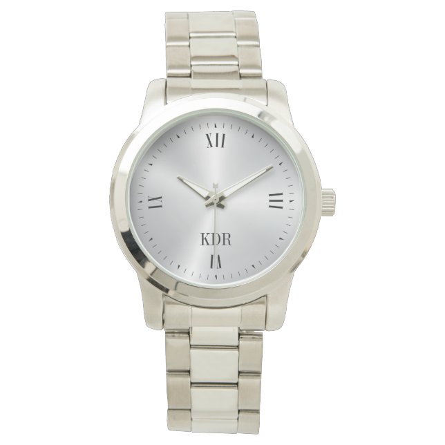 Shiny Metallic Silver Roman Numerals Monogram Watch (Front)