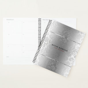 Shiny Metallic Stainless-Steel & Grey Damasks Planner