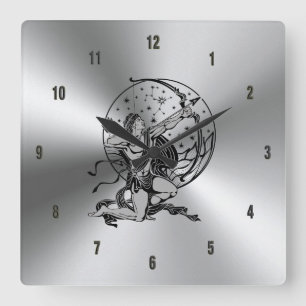 Shiny Metallic Stainless Steel & Sagittarius Sign Square Wall Clock