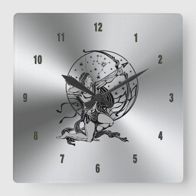 Shiny Metallic Stainless Steel & Sagittarius Sign Square Wall Clock (Front)