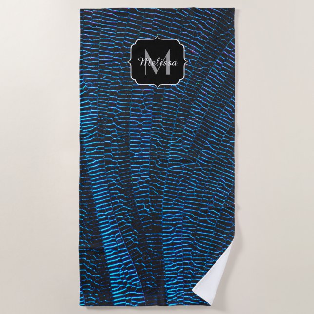 Shiny metallic vibrant blue abstract Monogram Beach Towel (Front)